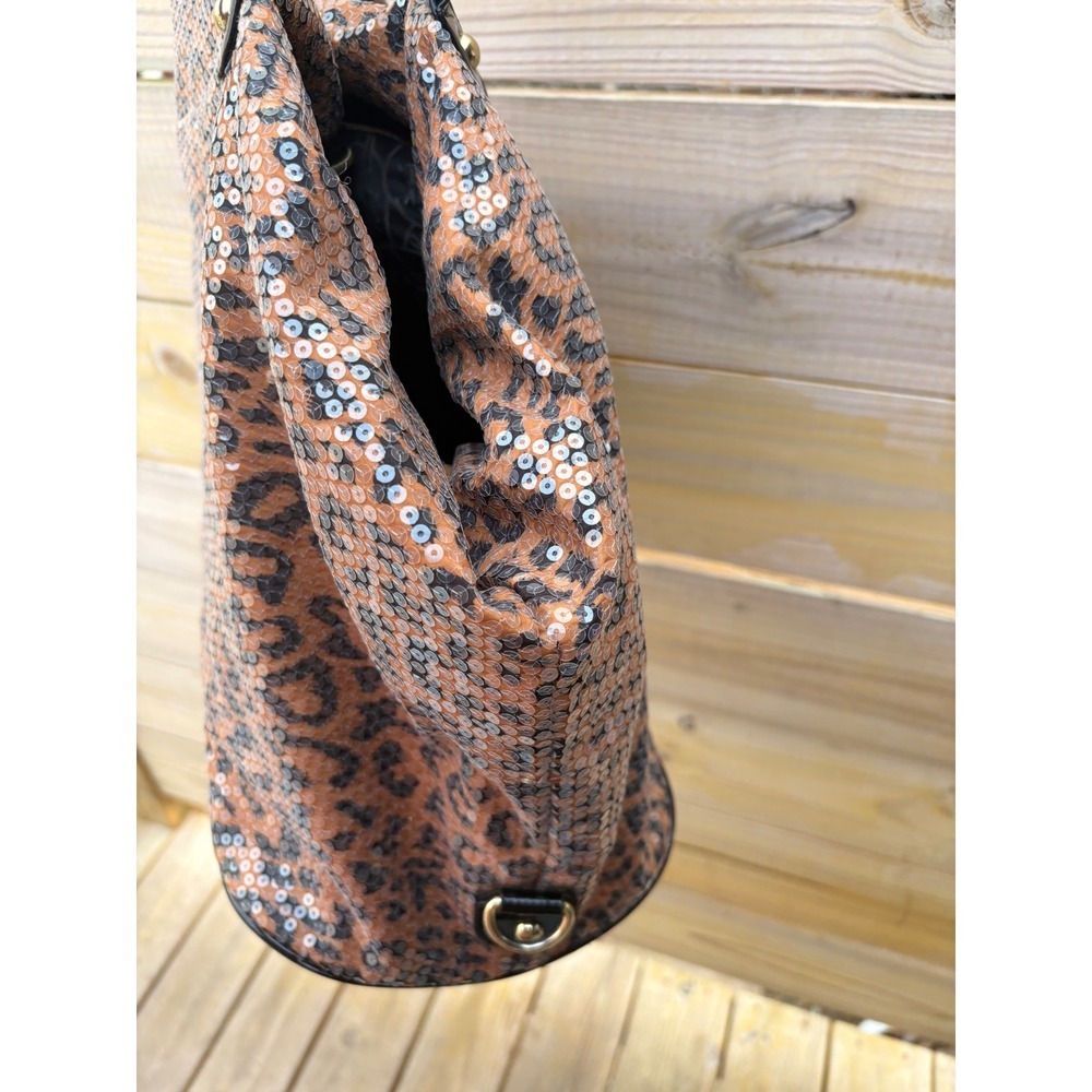 Betsey Johnson Leopard Print Sequin Shoulder Bag Black Patent Trim Gold Hardware - Picture 11 of 15